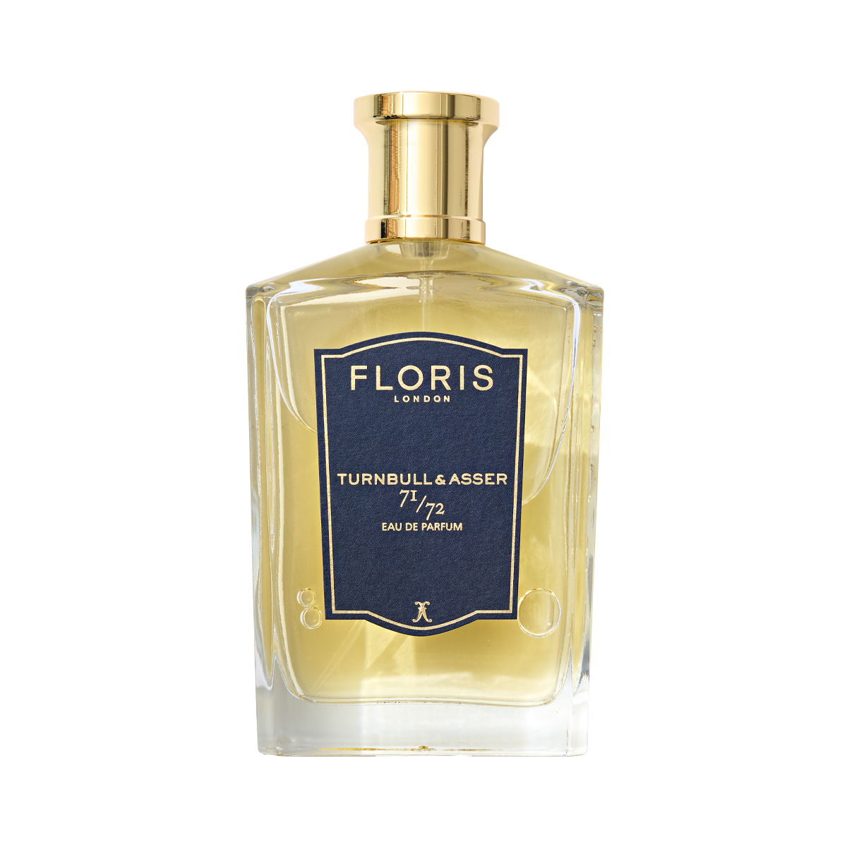A bottle of Floris London 71/72 - Eau de Parfum, a vegan woody scent, with a gold cap and navy blue label.