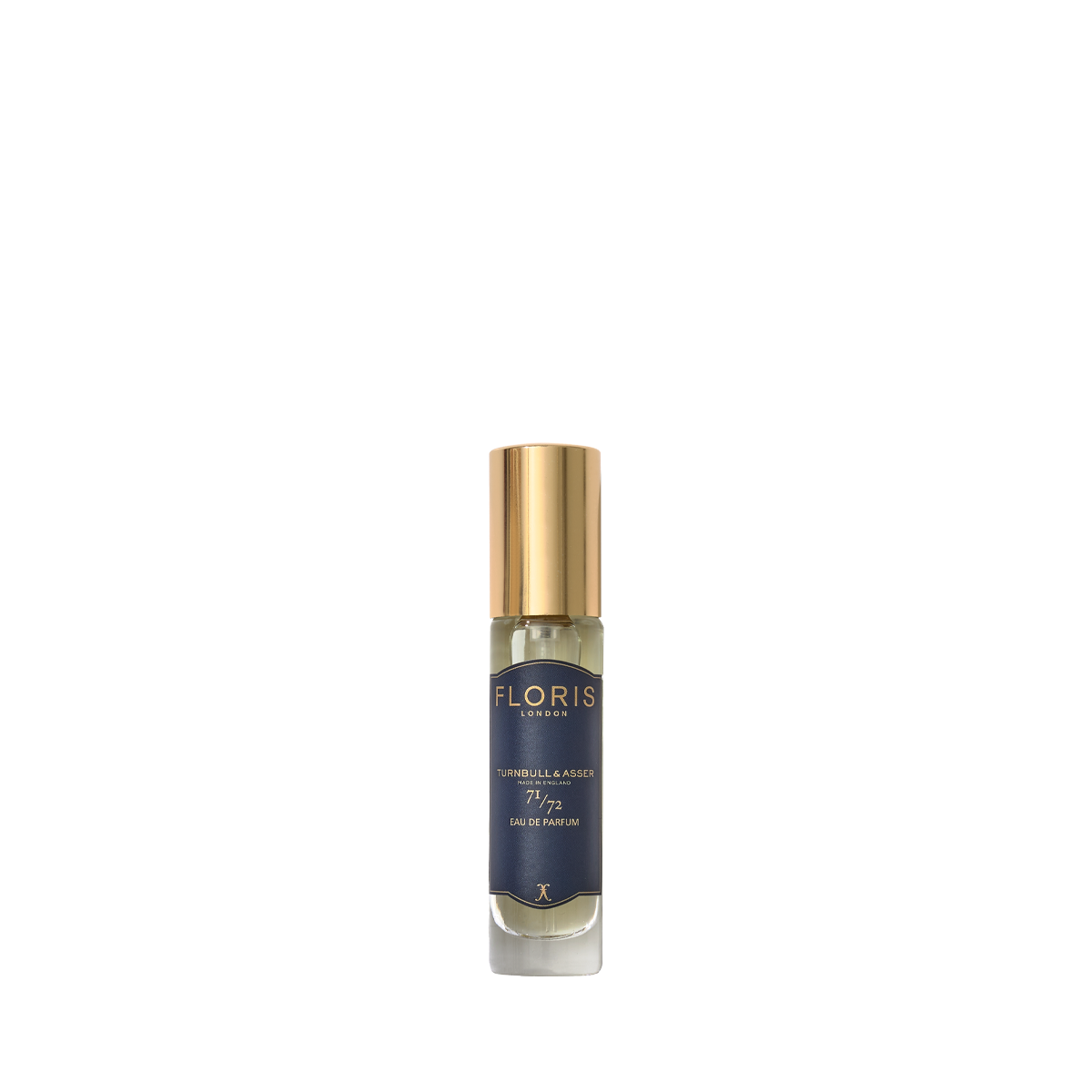 A small Floris London 71/72 Eau de Parfum bottle with a gold cap and dark blue label, featuring a woody scent, on a plain white background.