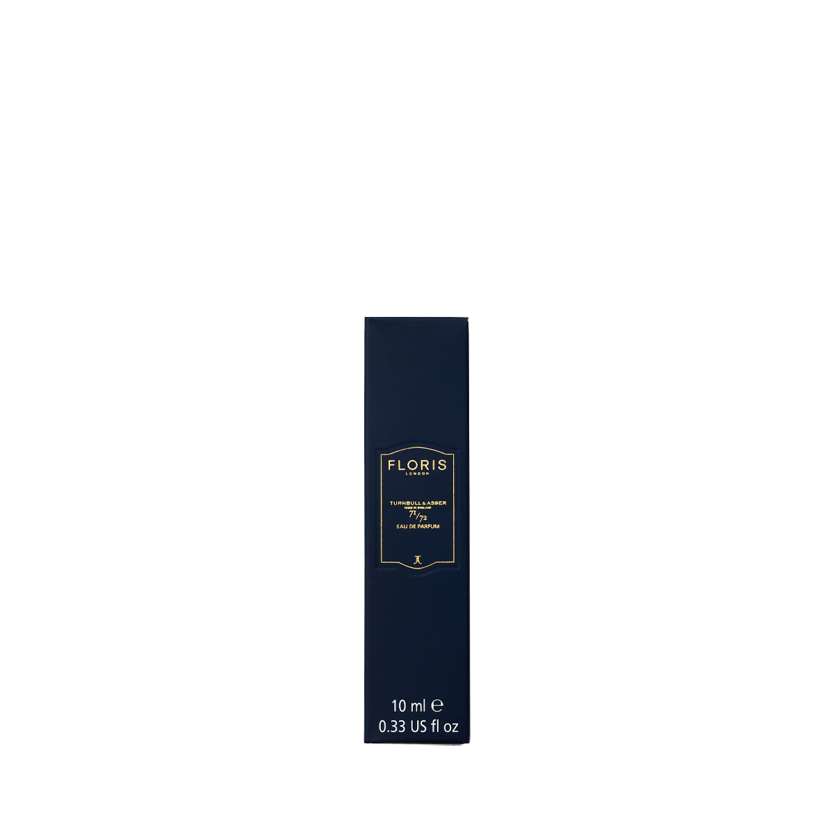 A navy blue Floris London 71/72 Eau de Parfum box stands upright on a white background, suggesting the woody scent within.