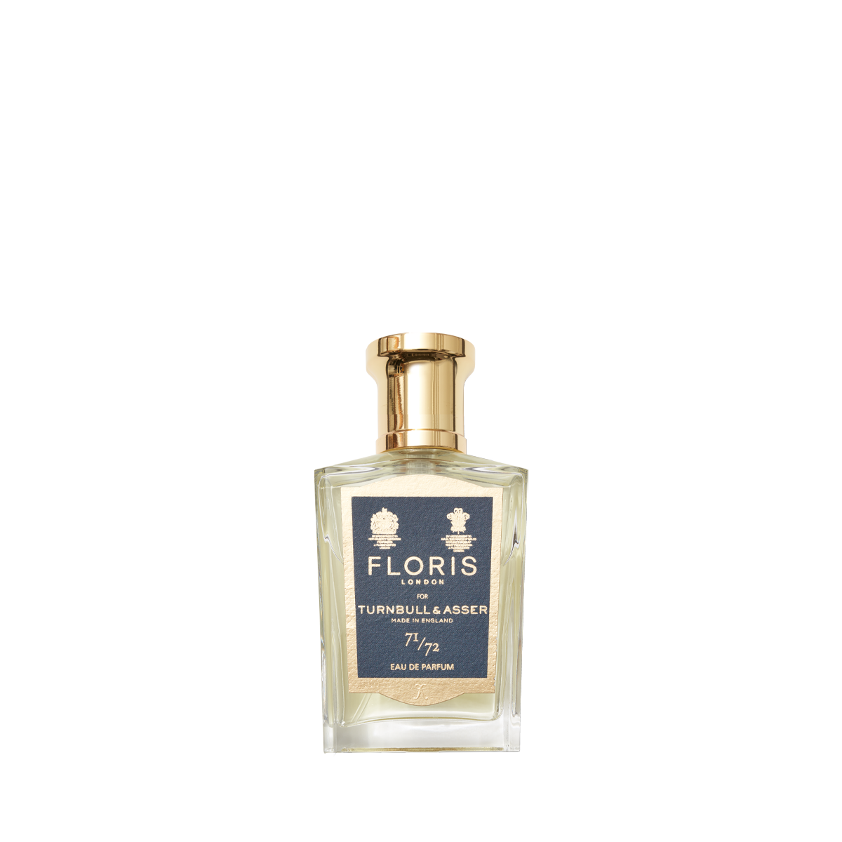 A clear Eau de Parfum bottle with a gold cap and blue label inscribed "Floris London 71/72"—a refined woody scent by Floris London.