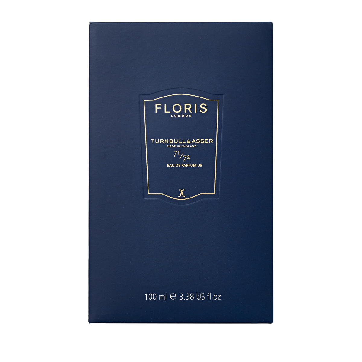Navy blue Floris London 71/72 Eau de Parfum box, 100ml, gold text. A vegan woody scent for a refined touch.