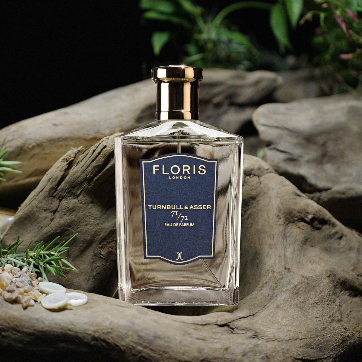 A clear glass bottle of Floris London 71/72 - Eau de Parfum rests on driftwood with green plants and pebbles—a refined woody fragrance.
