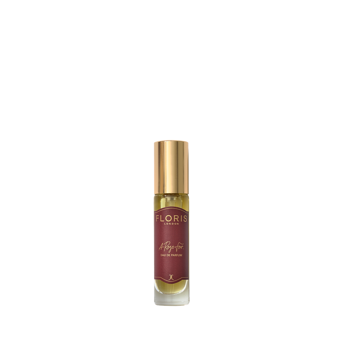 A small glass perfume bottle with a gold cap and "Floris London" red label, A Rose For... Eau de Parfum—ideal for rose or amber fragrance lovers.