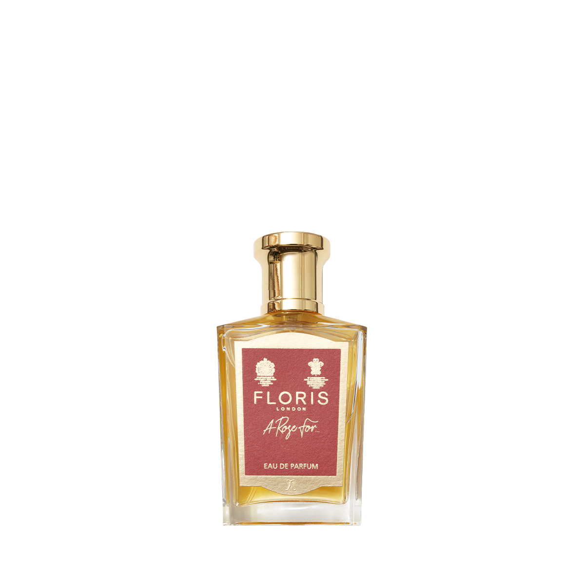 A bottle of Floris London A Rose For... Eau de Parfum, a rose scent with a gold cap and pink label.