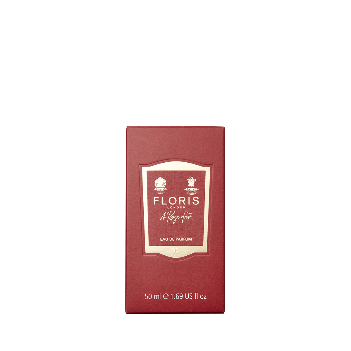 A red box of Floris London A Rose For... Eau de Parfum, 50 ml, with a gold and white label—an exquisite rose scent for fragrance lovers.