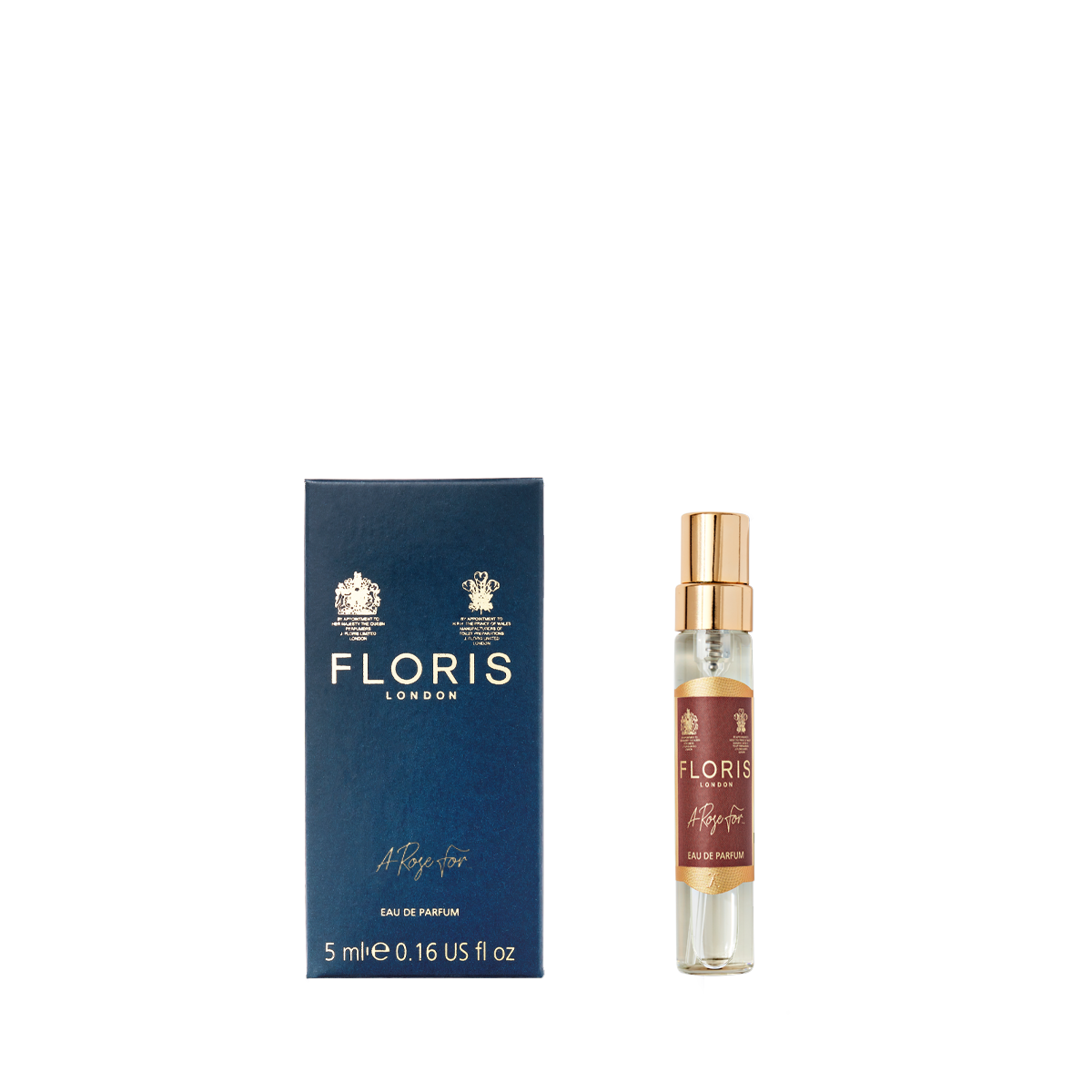 A Floris London box with a 5ml spray of A Rose For... Eau de Parfum, a luxurious rose scent with subtle amber notes.
