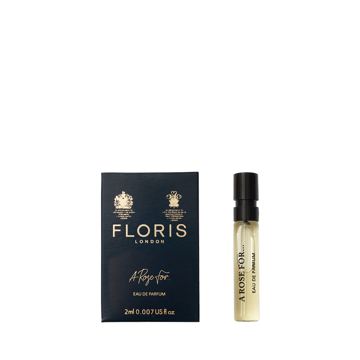 A sample vial of Floris London A Rose For... Eau de Parfum beside its dark blue and gold box—a sophisticated floral and woody scent.