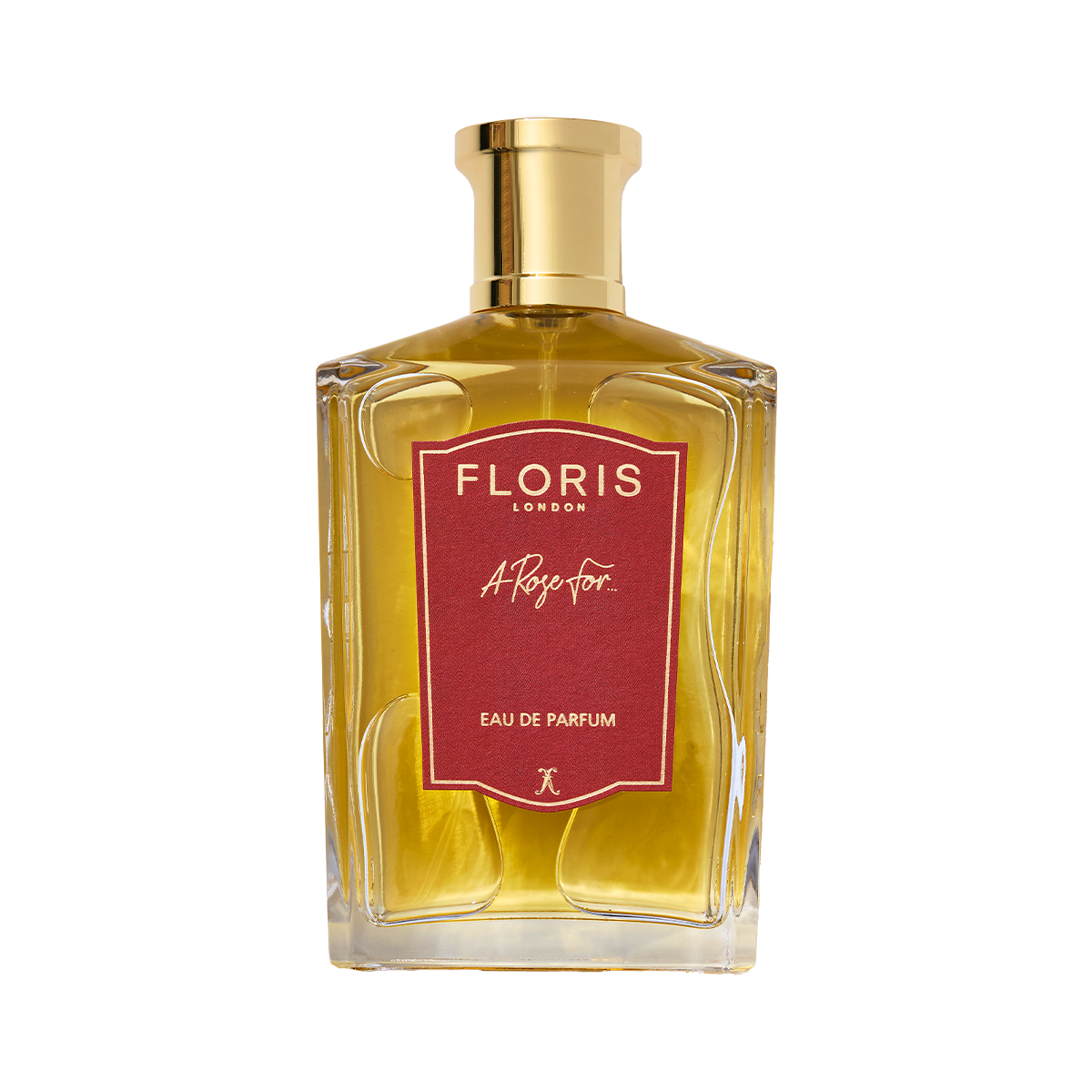 A gold Floris London A Rose For... Eau de Parfum bottle with a red and gold cap is displayed on a white background.