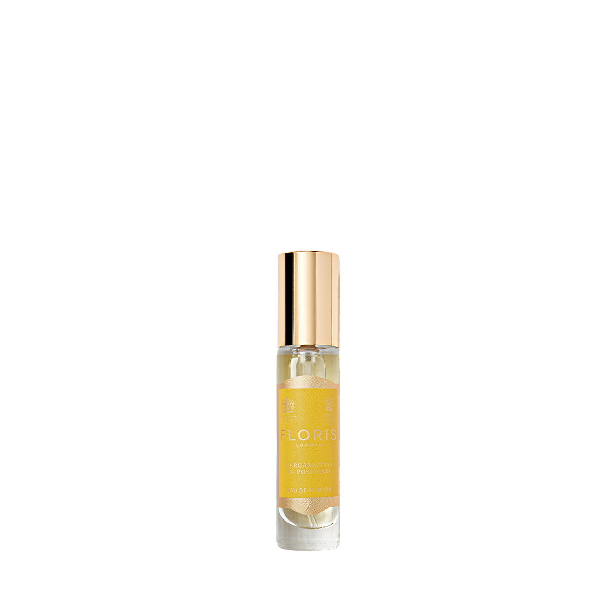 The Floris London Bergamotto di Positano Eau de Parfum, in a small glass bottle with gold cap and yellow label, evokes bergamot and orange blossom.