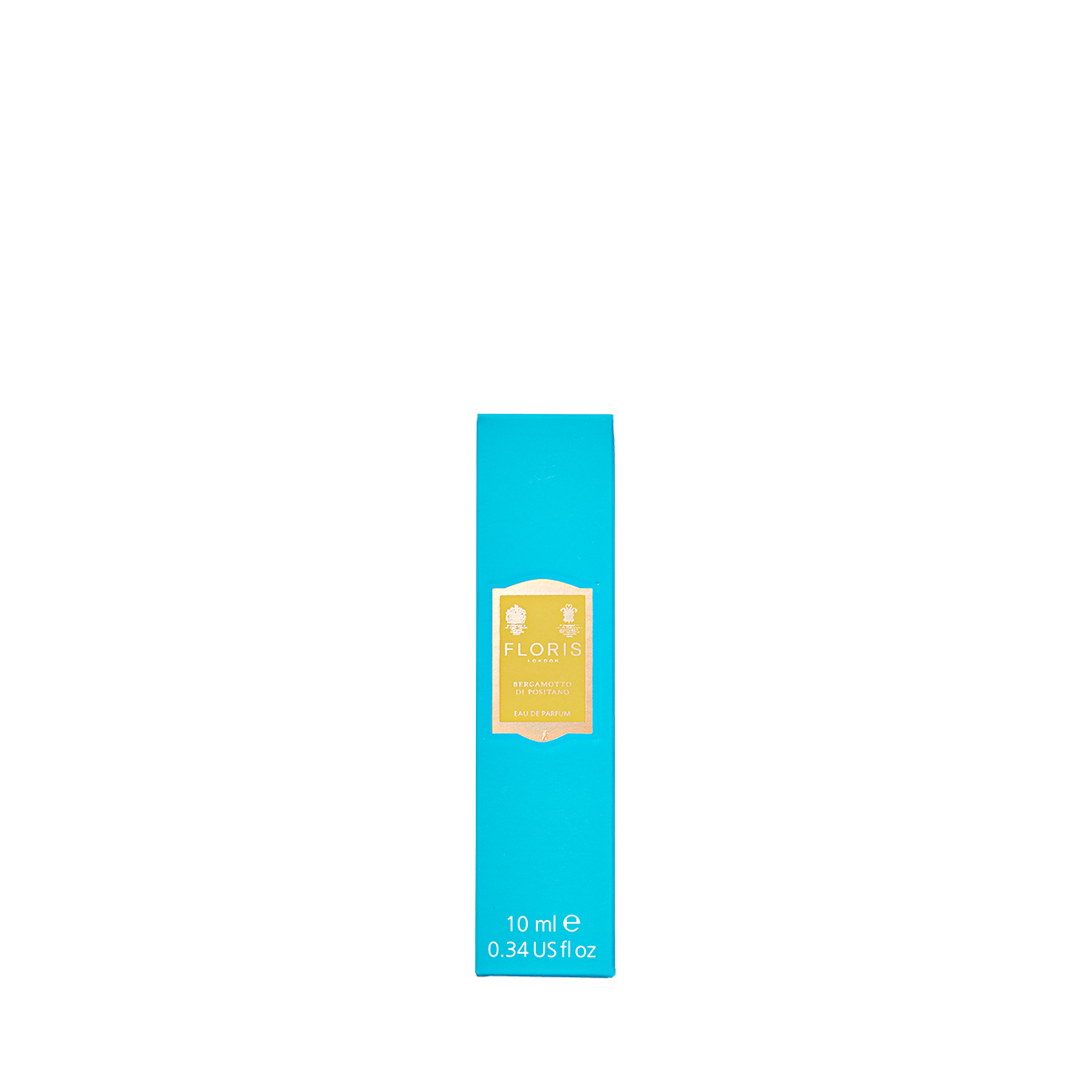 A blue Floris London Bergamotto di Positano Eau de Parfum box with a yellow label and white text stands upright on a white background.