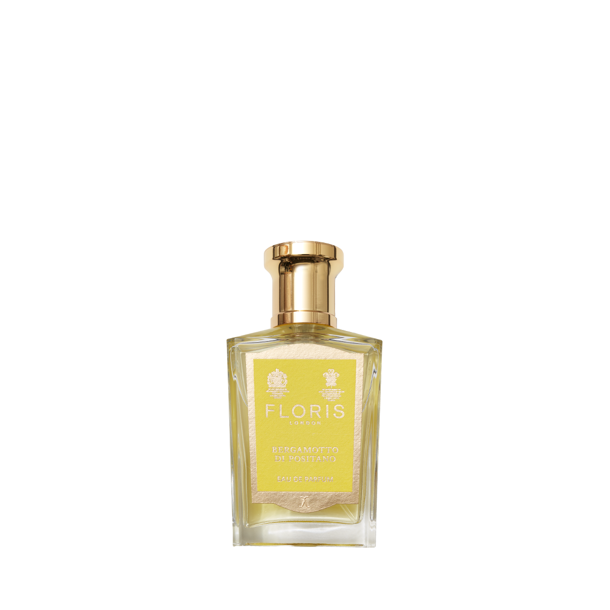 A clear glass bottle of Floris London Bergamotto di Positano Eau de Parfum with a gold cap and yellow label, featuring fresh bergamot.