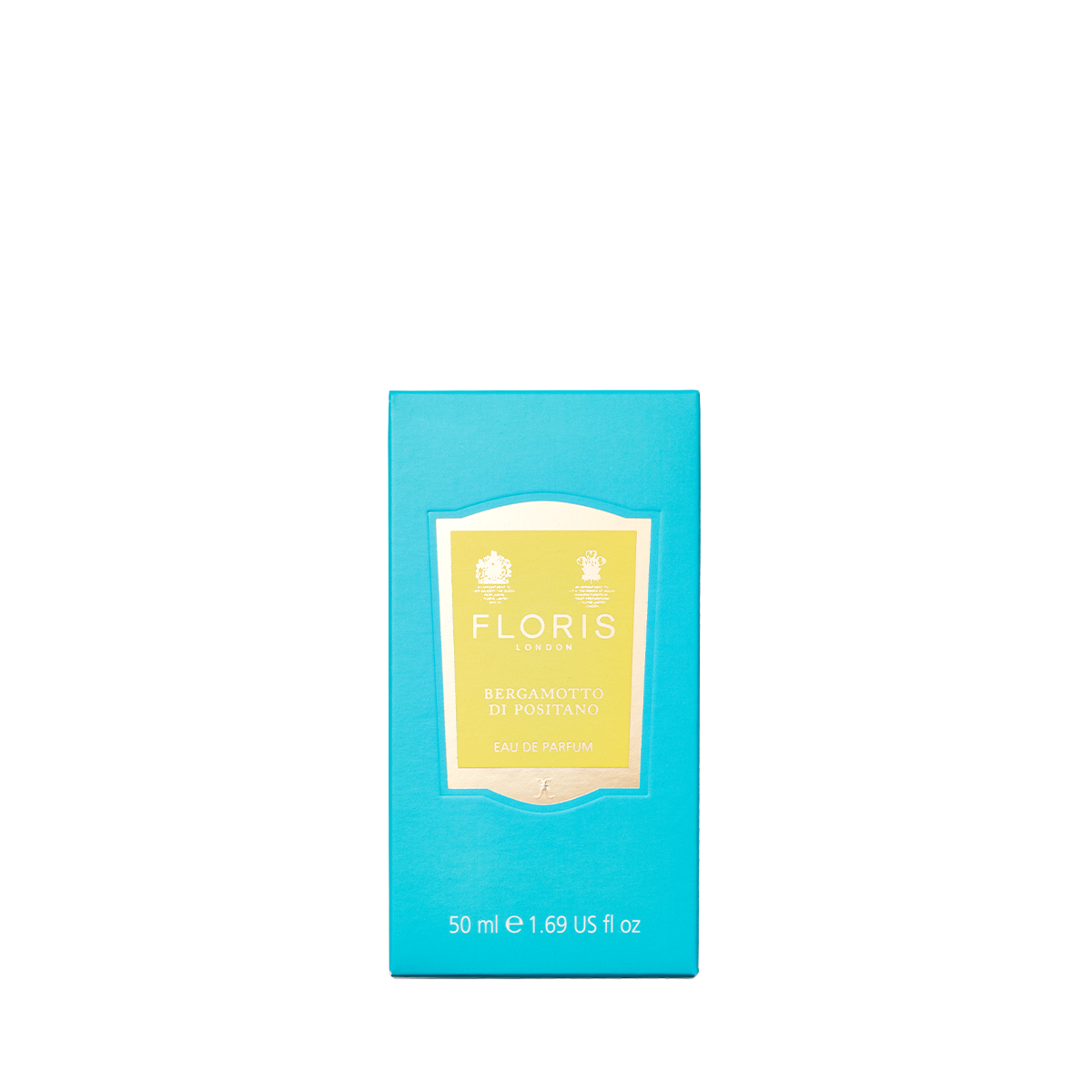 A turquoise box of Floris London Bergamotto di Positano - Eau de Parfum, 50ml, with yellow-white label, featuring bergamot and marine notes.