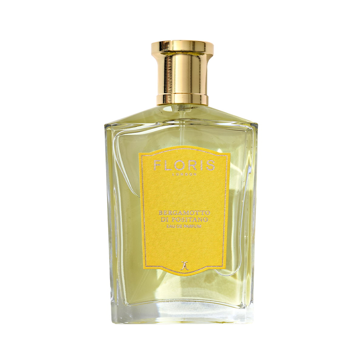 A clear glass bottle of Floris London Bergamotto di Positano Eau de Parfum with a gold cap and yellow label, featuring fresh bergamot and marine notes.