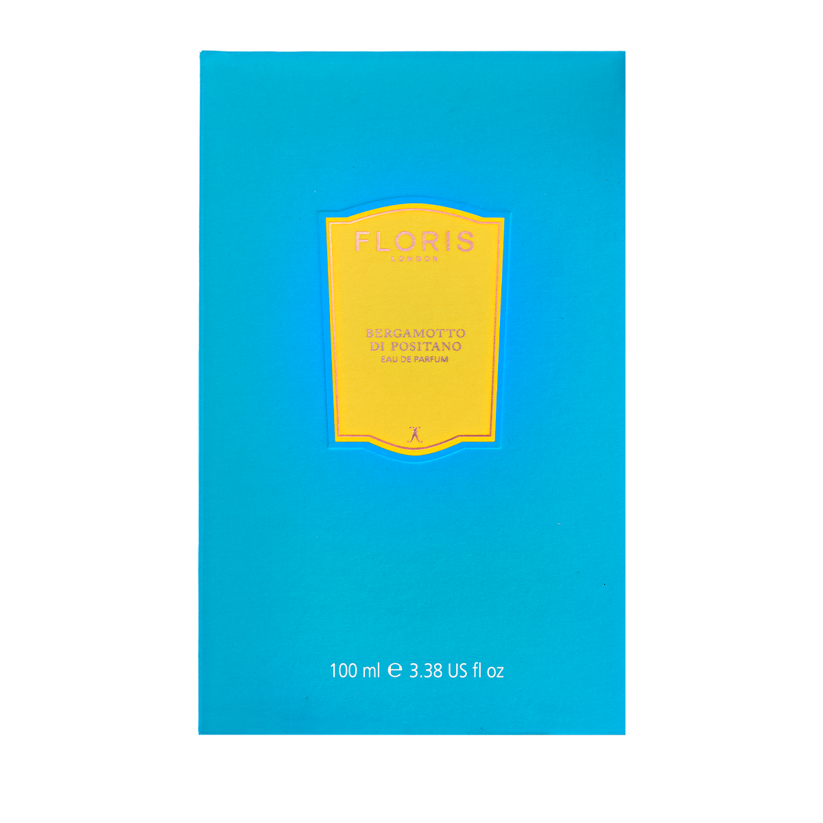 Bright blue Floris London box with a yellow label reading "Bergamotto di Positano - Eau de Parfum," featuring fresh bergamot and marine notes.