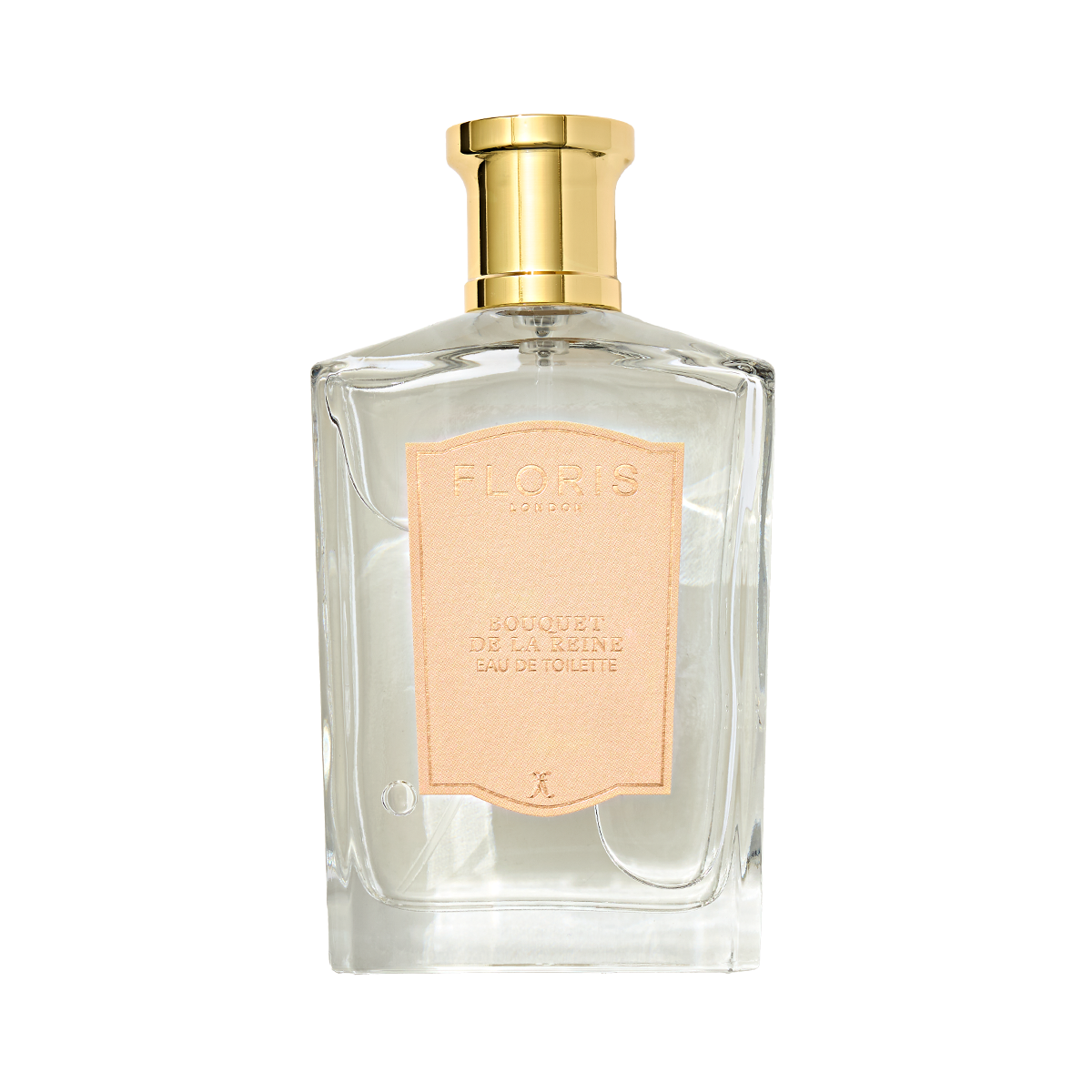 A clear glass Floris London Bouquet de La Reine Eau de Toilette bottle with a gold cap and pale pink label, featuring a fruity floral scent.