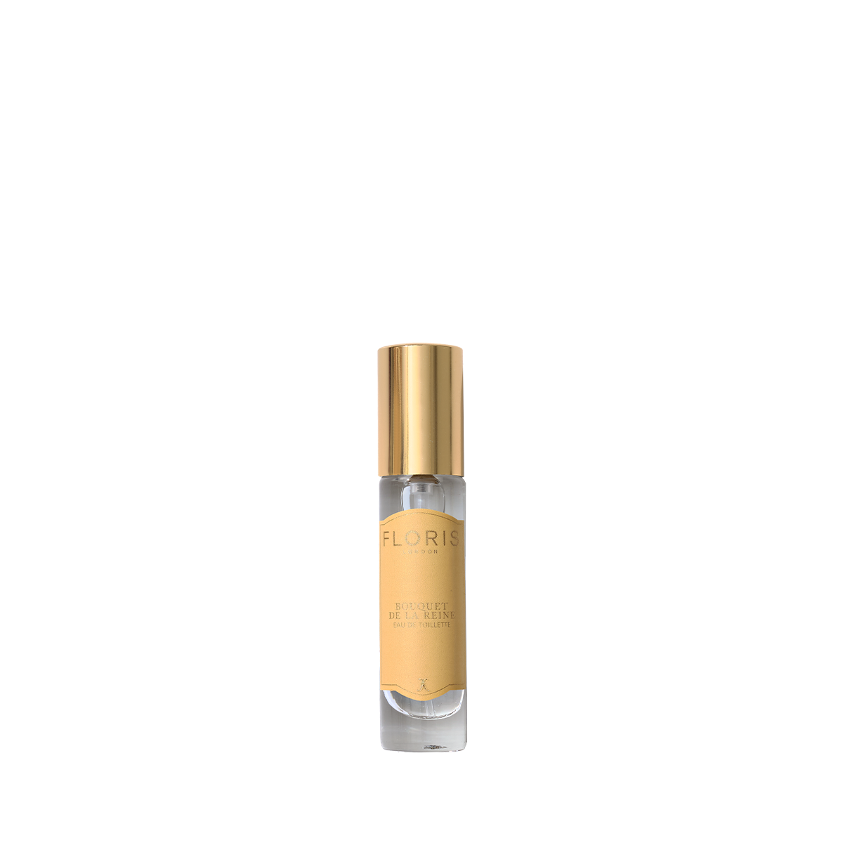 A small Floris London Bouquet de La Reine Eau de Toilette with a gold cap and beige label displayed on a white background.