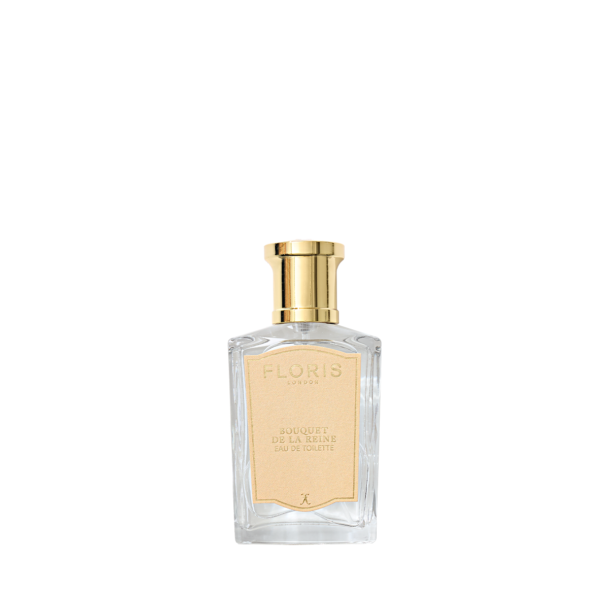 A clear glass bottle of Floris London’s Bouquet de La Reine Eau de Toilette with a gold cap and cream label, inspired by royal court fragrance.