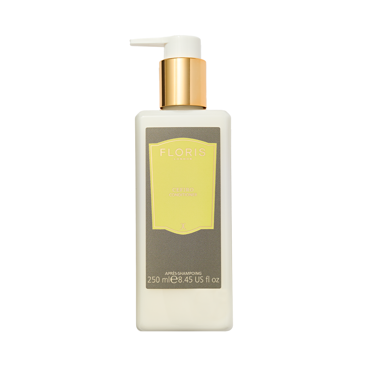 Floris London Cefiro Conditioner, 250ml—features hair hydration and signature Cefiro fragrance, with a gold pump and yellow label.