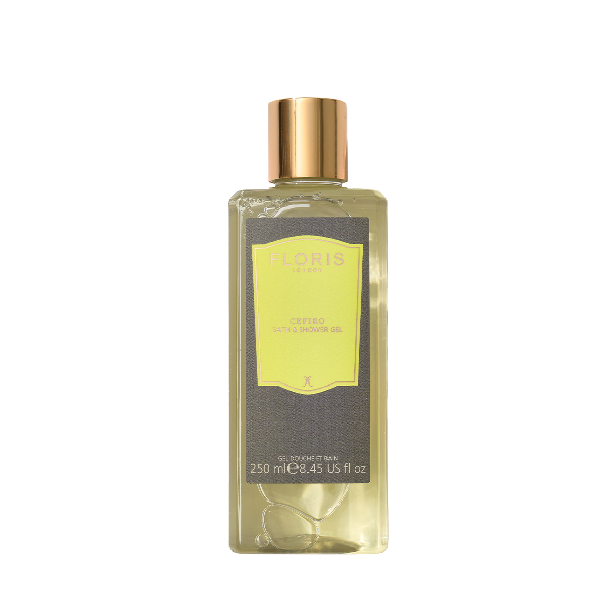 250ml Floris London Cefiro Bath & Shower Gel in a clear bottle with gold cap, fresh citrus scent, shown on white background.