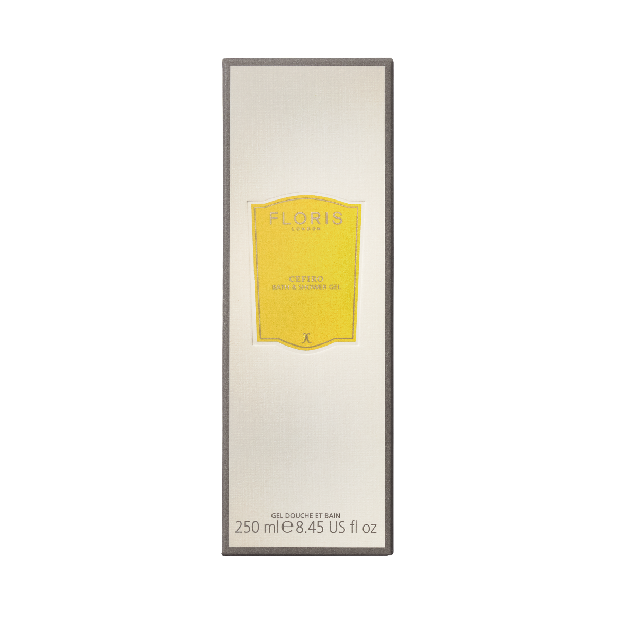 Front view of Floris London Cefiro Bath & Shower Gel 250ml box with citrus scent and yellow label, displayed on a cream background.