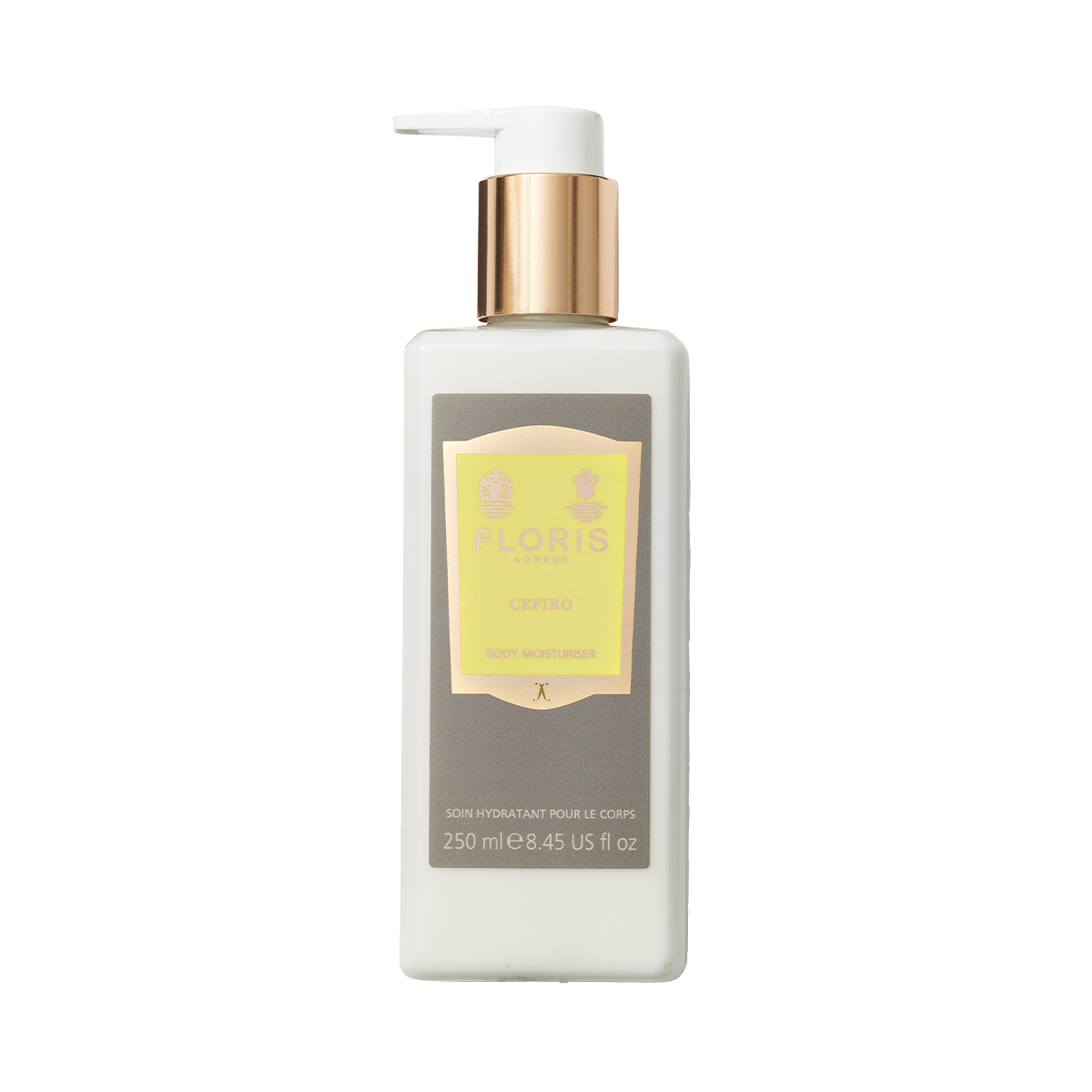 A 250ml bottle of Floris London Cefiro - Enriched Body Moisturiser with vitamin E, signature Cefiro scent, gold pump, and yellow label.