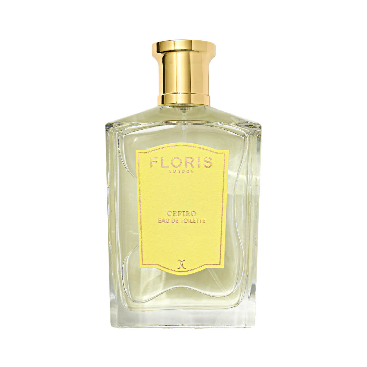 A clear glass bottle of Floris London Cefiro - Eau de Toilette, a citrus fragrance with woody notes, features a gold cap and yellow label.