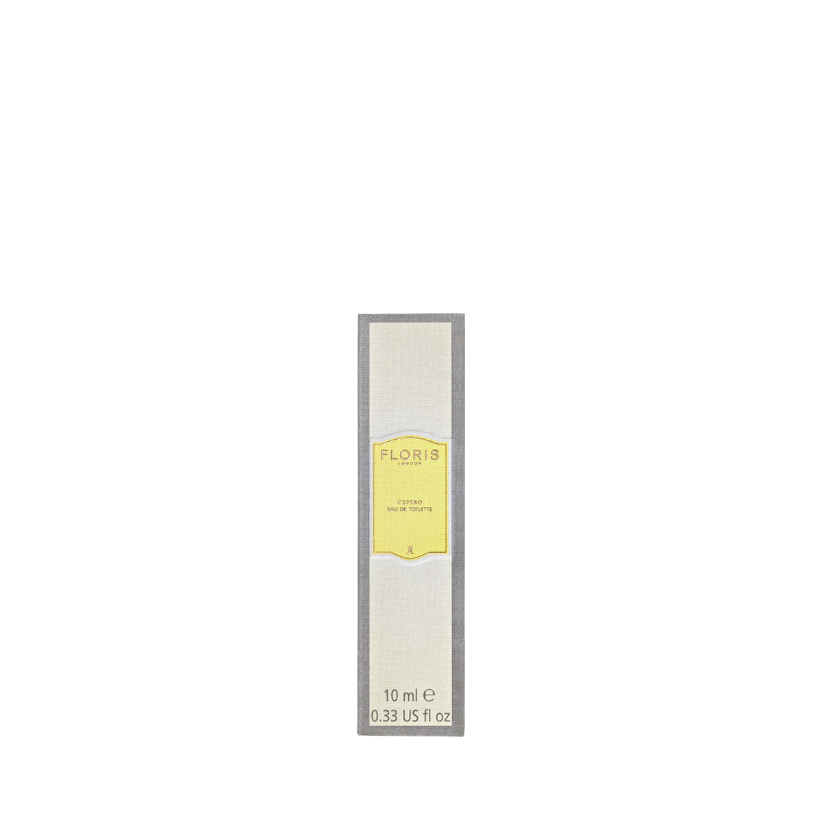 A small rectangular Floris London Cefiro Eau de Toilette box, 10 ml with a yellow label, unisex fragrance, centered on a white background.