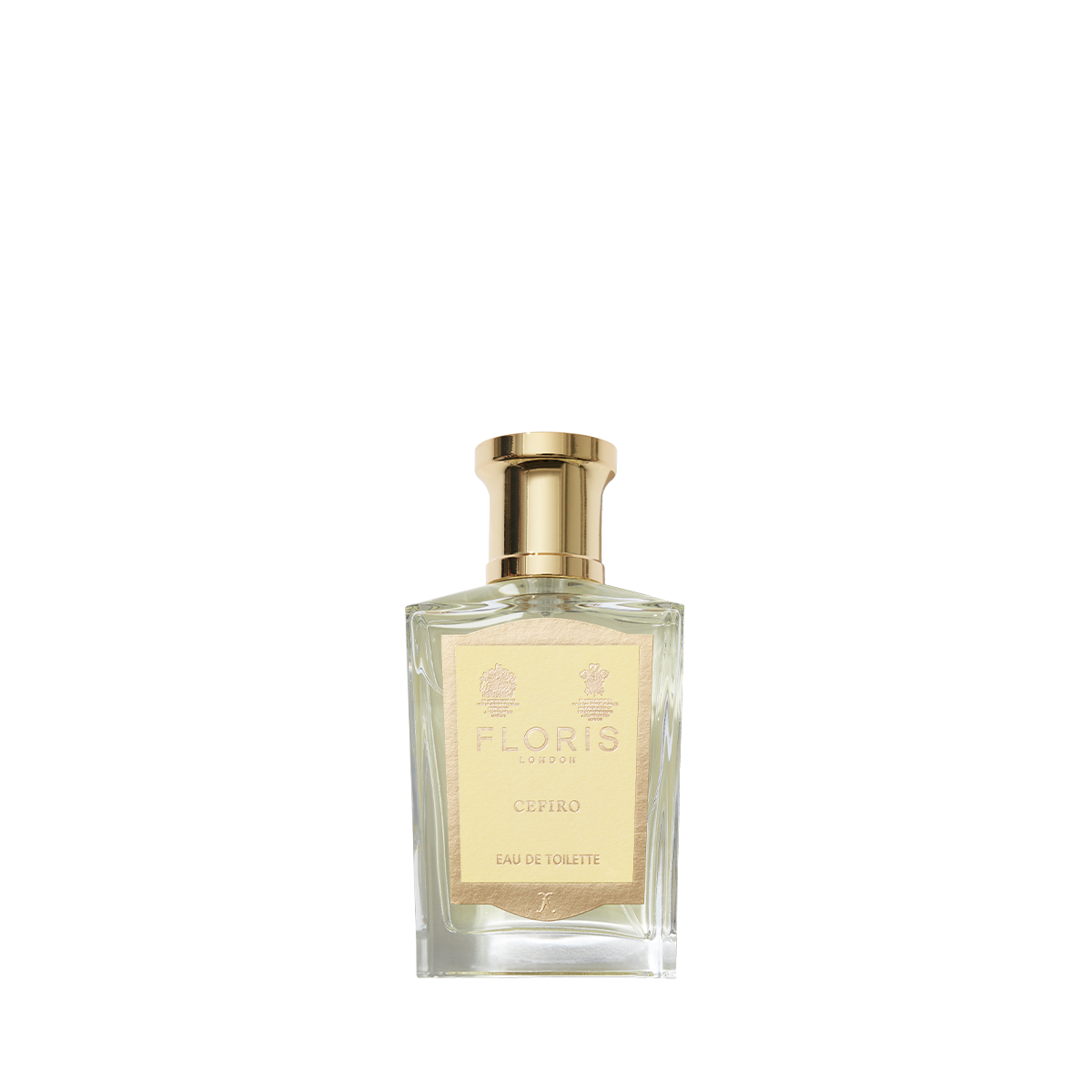 Clear glass bottle of Cefiro - Eau de Toilette by Floris London, a unisex citrus-woody fragrance with gold label and cap, on white background.