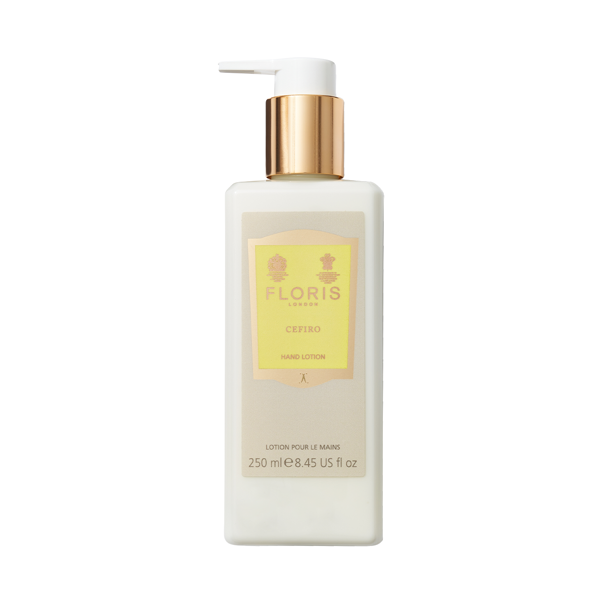 Floris London Cefiro – Luxury Hand Lotion 250ml comes in a white bottle with gold pump and yellow label, enriched with sweet almond oil for dry skin.