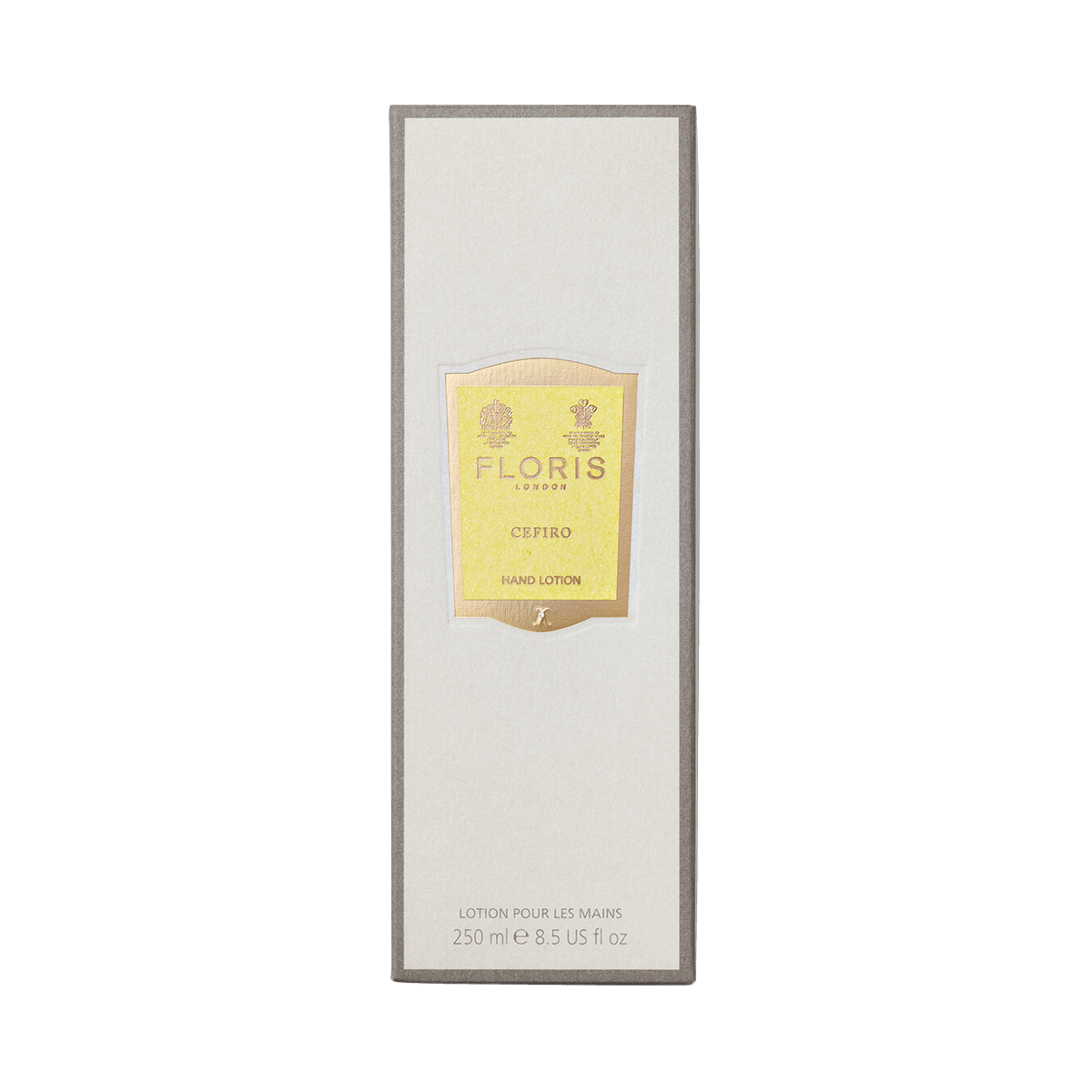 Floris London Cefiro Luxury Hand Lotion 250ml comes in minimalist beige packaging with a yellow label and is enriched with sweet almond oil for dry skin.