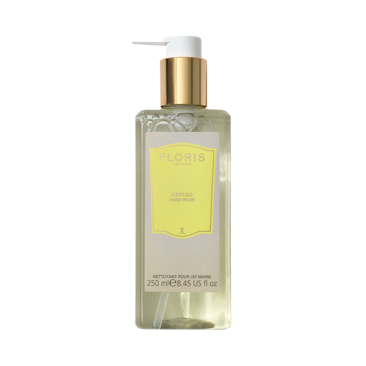 Floris London Cefiro - Luxury Hand Wash 250ml: a clear bottle with gold pump, yellow label, and a citrus floral scent.