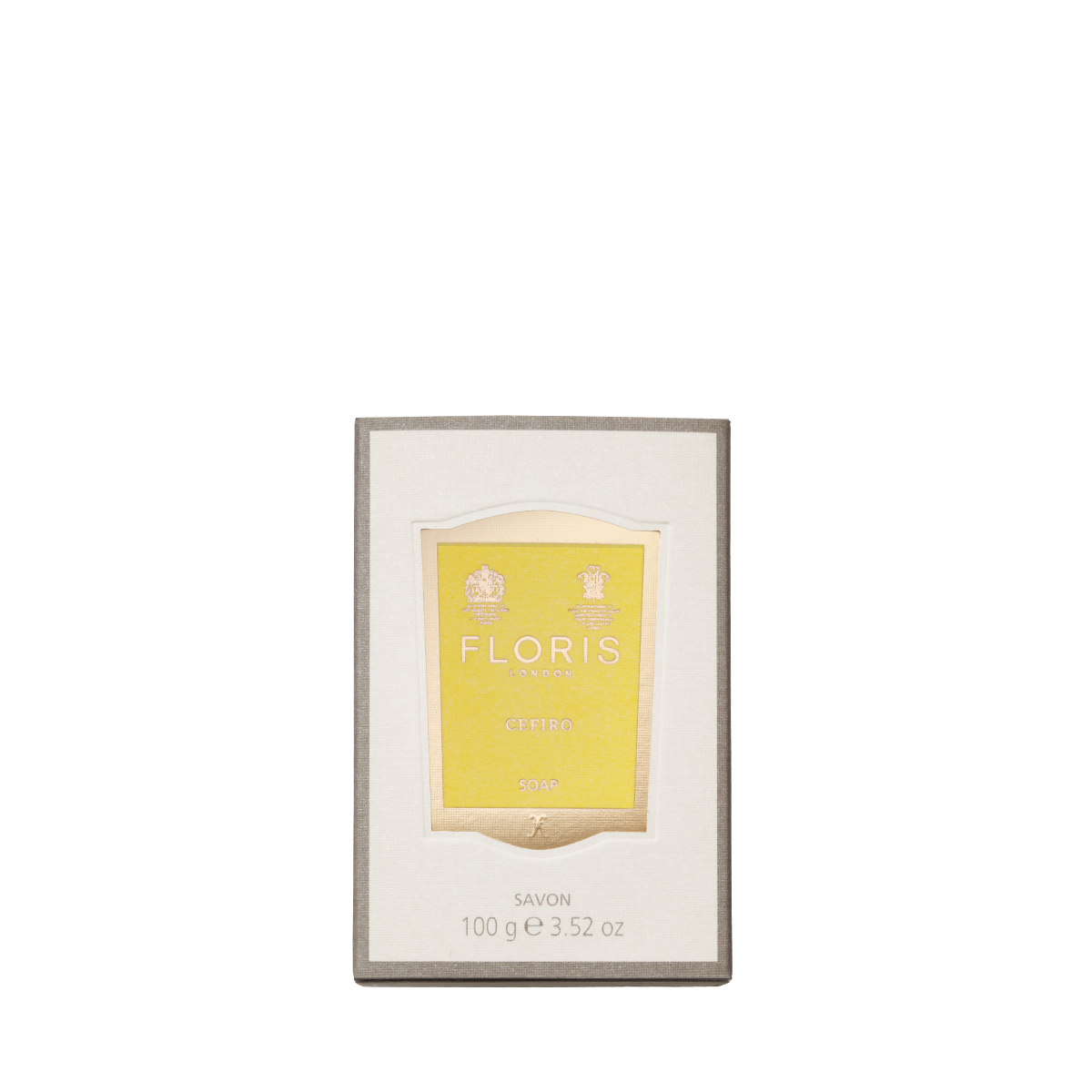 A 100g Cefiro - Luxury Soap by Floris London, rectangular and vegetable-based, in beige packaging, labeled 3.52 oz.