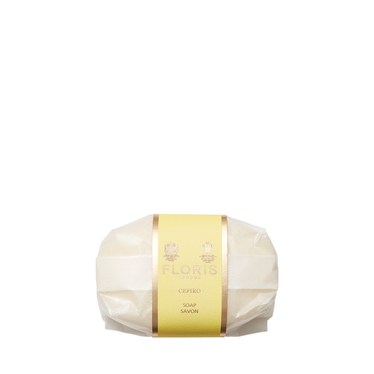 Floris London Cefiro - Luxury Soap: an oval bar in white paper with a yellow and gold label, crafted with a gentle vegetable base.