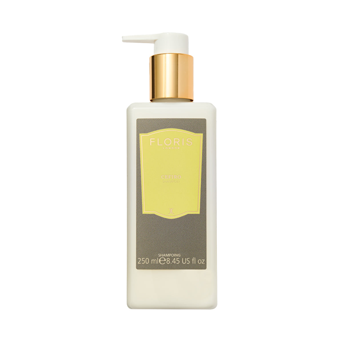 The Floris London Cefiro Shampoo, 250ml, features a gold pump, yellow label, and Pro-Vitamin B5 for luxurious hair care.