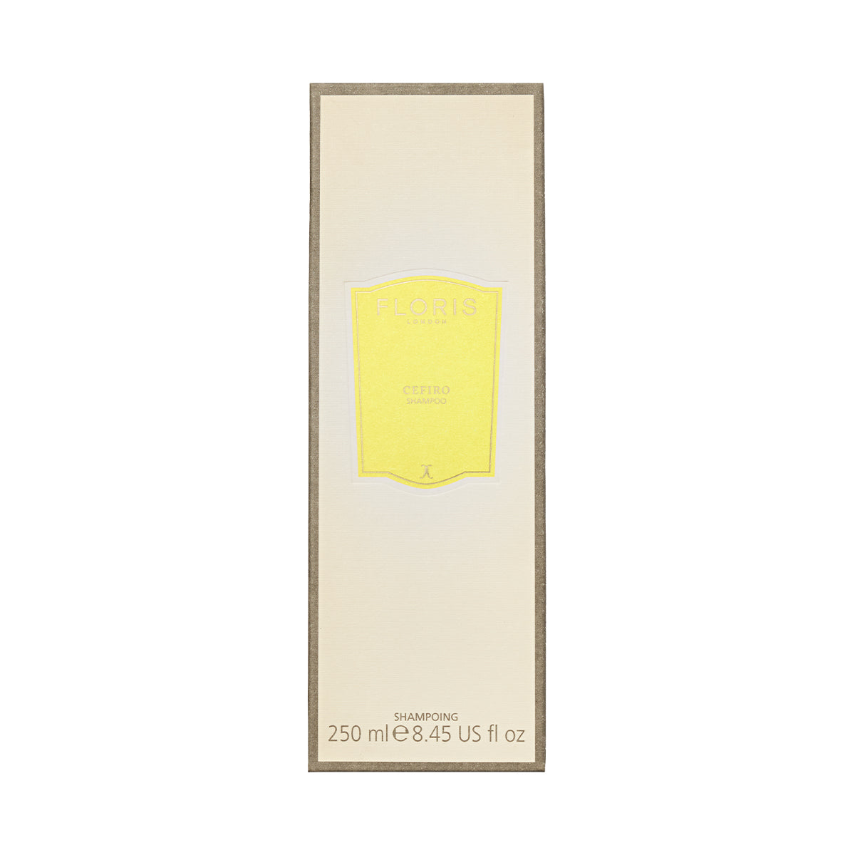Cream-colored Floris London Cefiro Shampoo box with yellow label, featuring the signature Cefiro scent and Pro-Vitamin B5; 250ml size displayed below.