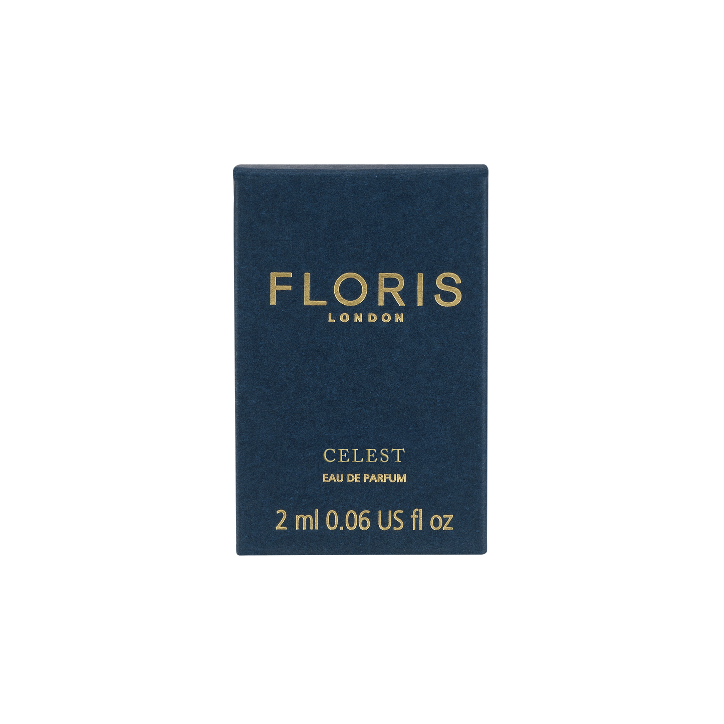 Dark blue Floris London US Celest - Eau de Parfum box, 2 ml (0.06 US fl oz), with gold text on the front.
