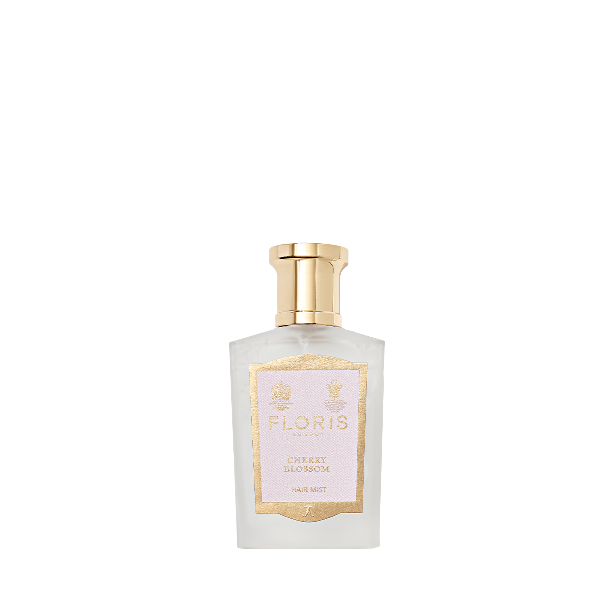 Floris London Cherry Blossom Hair Mist 50ml in a clear bottle with gold cap and label, shown on a white background.