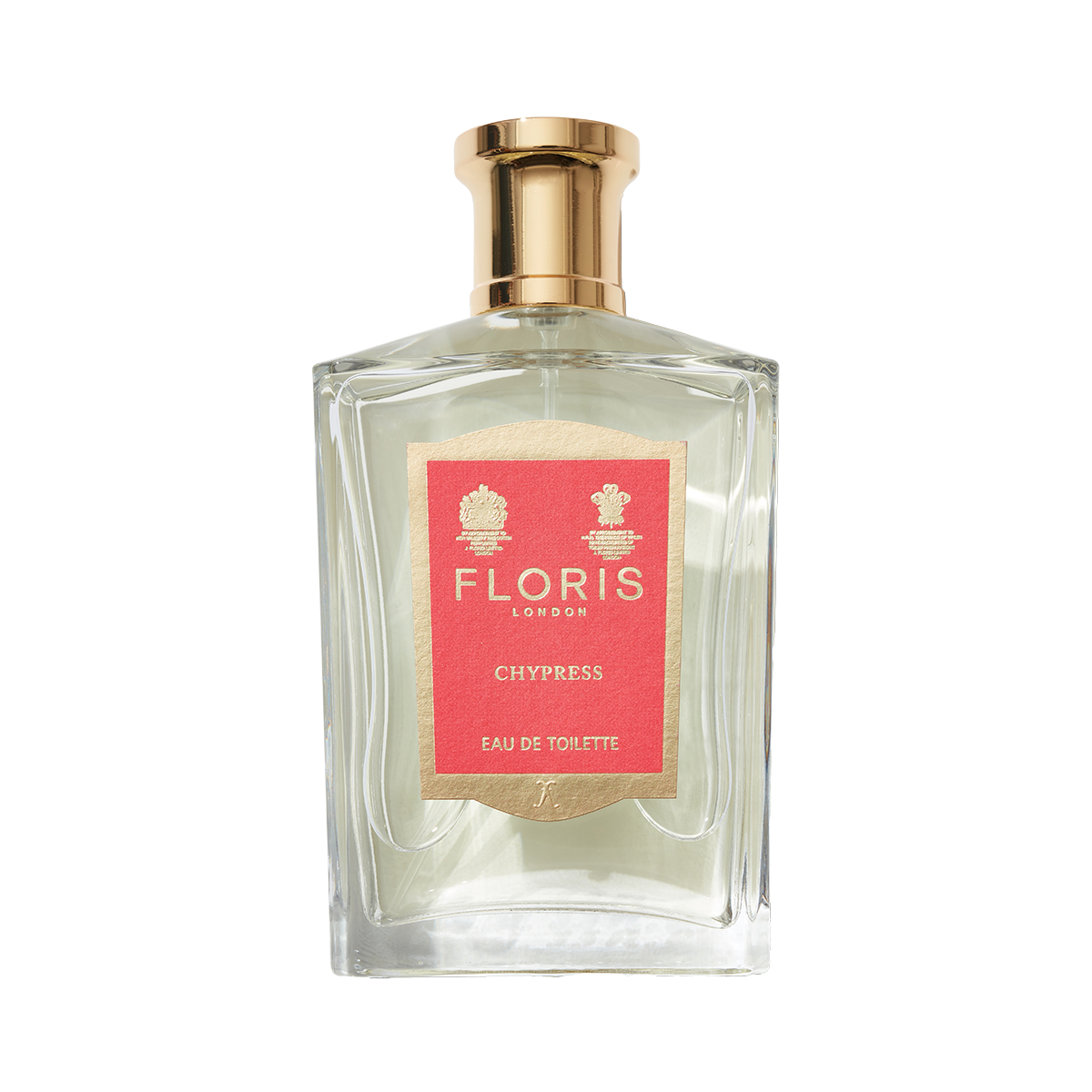 Floris London Chypress Eau de Toilette in a clear glass bottle with gold cap and red label, featuring floral chypre notes and bergamot zest.
