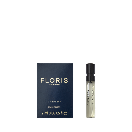 Floris London Chypress - Eau de Toilette 2ml sample features orange flower and bergamot notes, displayed beside its stylish blue and gold box.