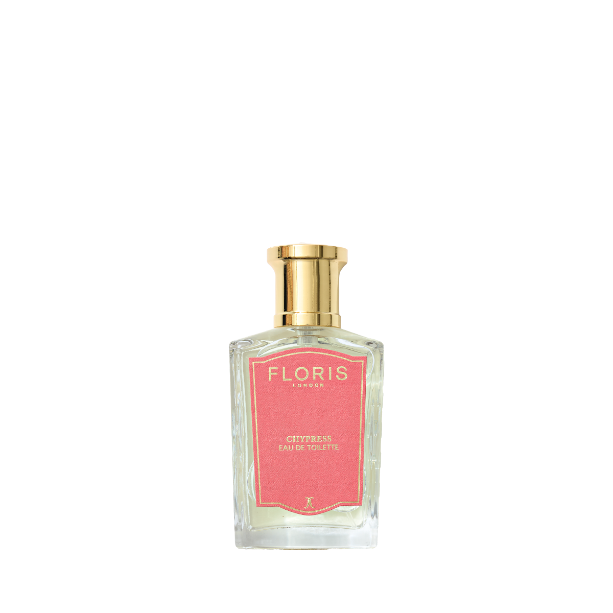 A Floris London Chypress - Eau de Toilette bottle with a gold cap and pink label, featuring floral chypre notes, displayed on a white background.
