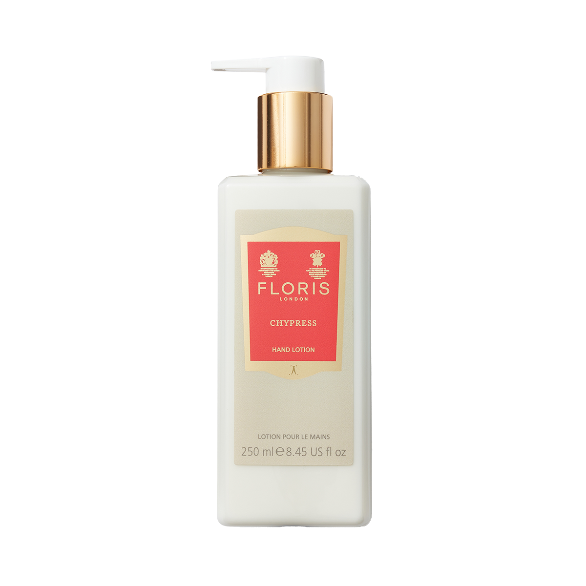 Floris London Chypress - Luxury Hand Lotion, 250ml white bottle with gold pump and red label. Nourishes dry skin with sweet almond oil.