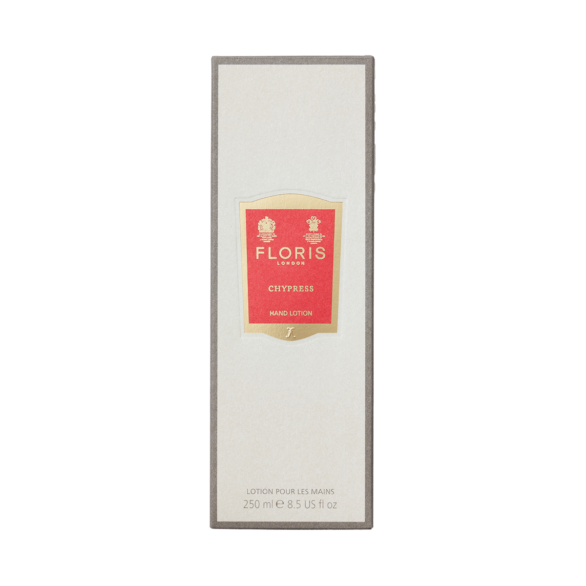 The Chypress Luxury Hand Lotion (250ml) by Floris London features vitamin E, sweet almond oil, and a red-gold label. Ideal for dry skin.