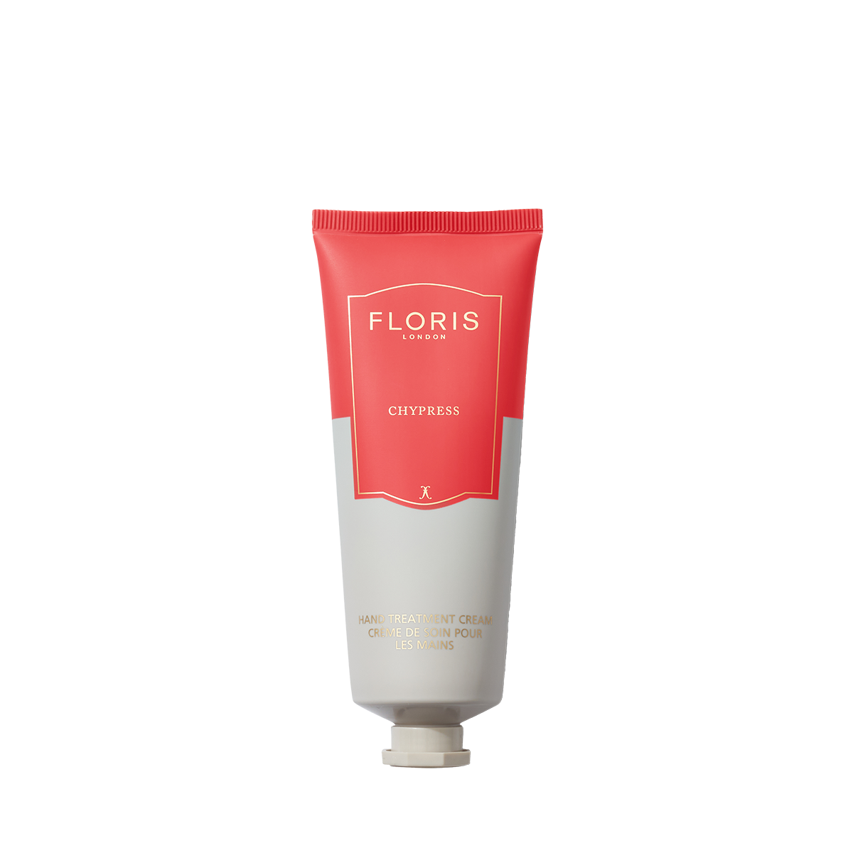 A tube of Floris London Chypress - Hand Treatment Cream 75ml with a red and light gray design sits elegantly on a white background.