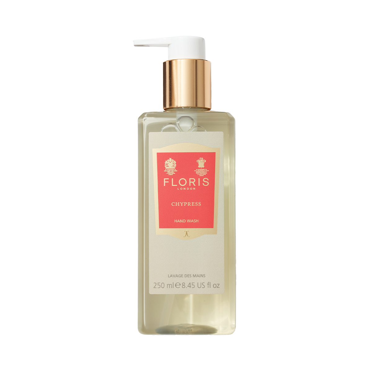 Floris London Chypress - Luxury Hand Wash 250ml in a clear bottle with gold pump and pink label, enriched with coconut and olive.