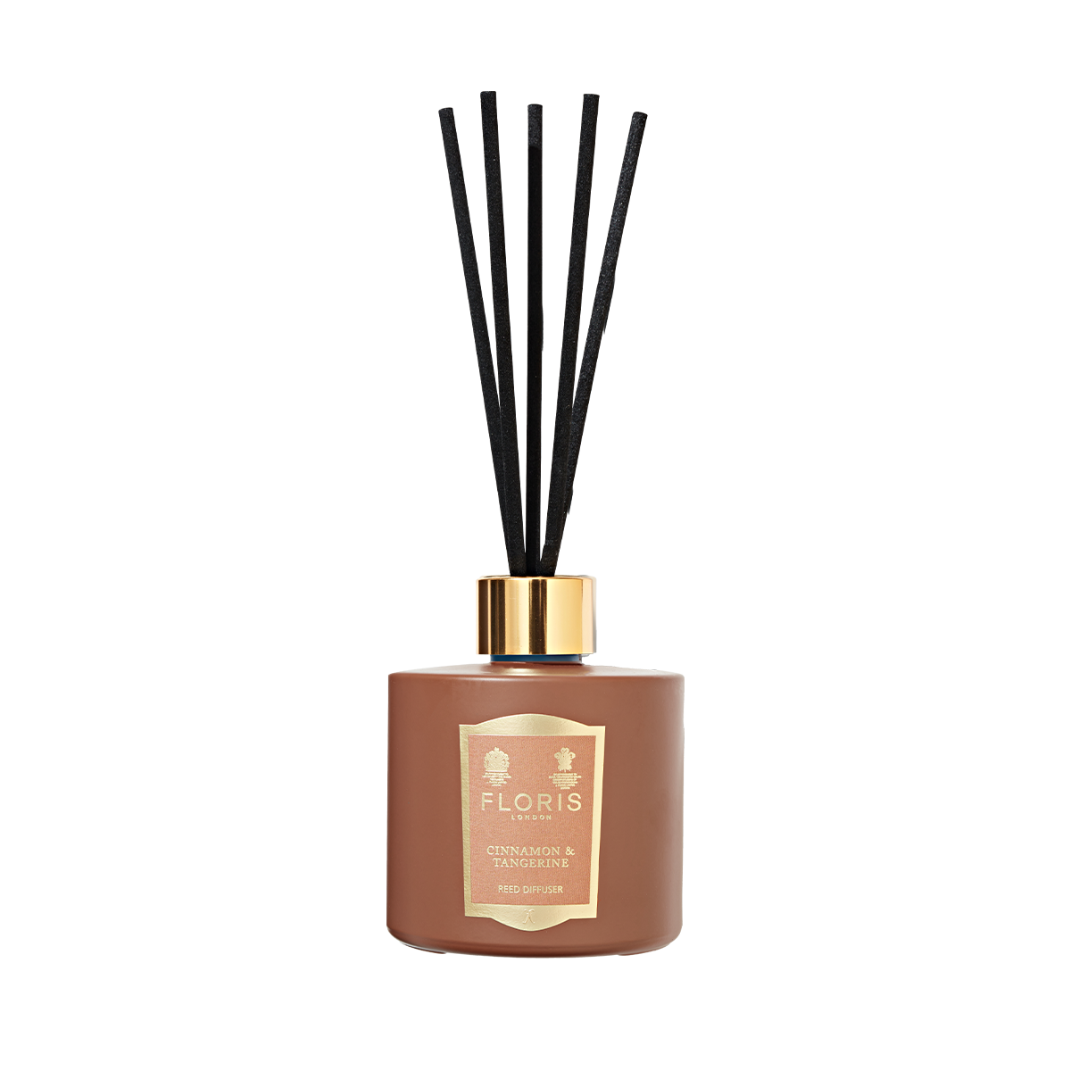 Floris London Cinnamon & Tangerine Reed Diffuser 200ml with black reeds and gold label, featuring a warm spice blend fragrance.