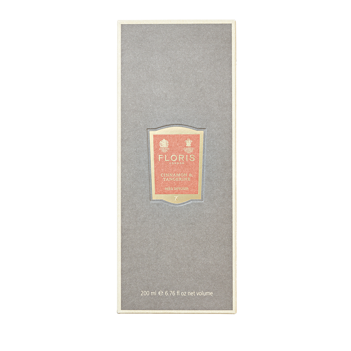A gray rectangular Floris London box labeled "Cinnamon & Tangerine - Reed Diffuser 200ml," with gold and orange accents—ideal for gifting.