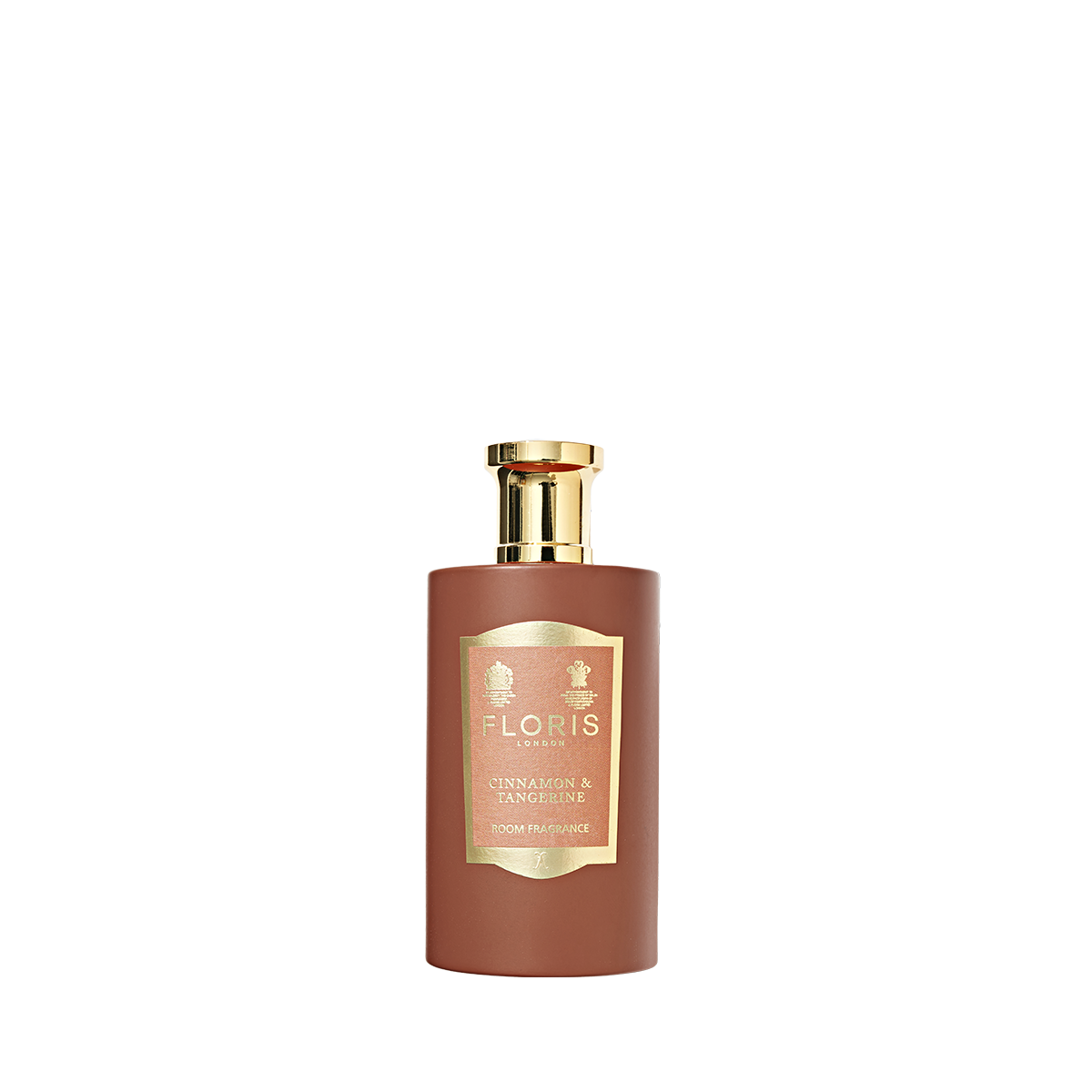 A brown Floris London bottle with gold cap and label, filled with Cinnamon & Tangerine Room Fragrance featuring warm cinnamon and orange notes.