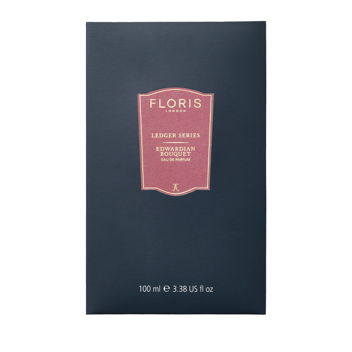 Dark blue Floris London box labeled "Edwardian Bouquet, 100ml"—a timeless floral eau de parfum with subtle bergamot notes.