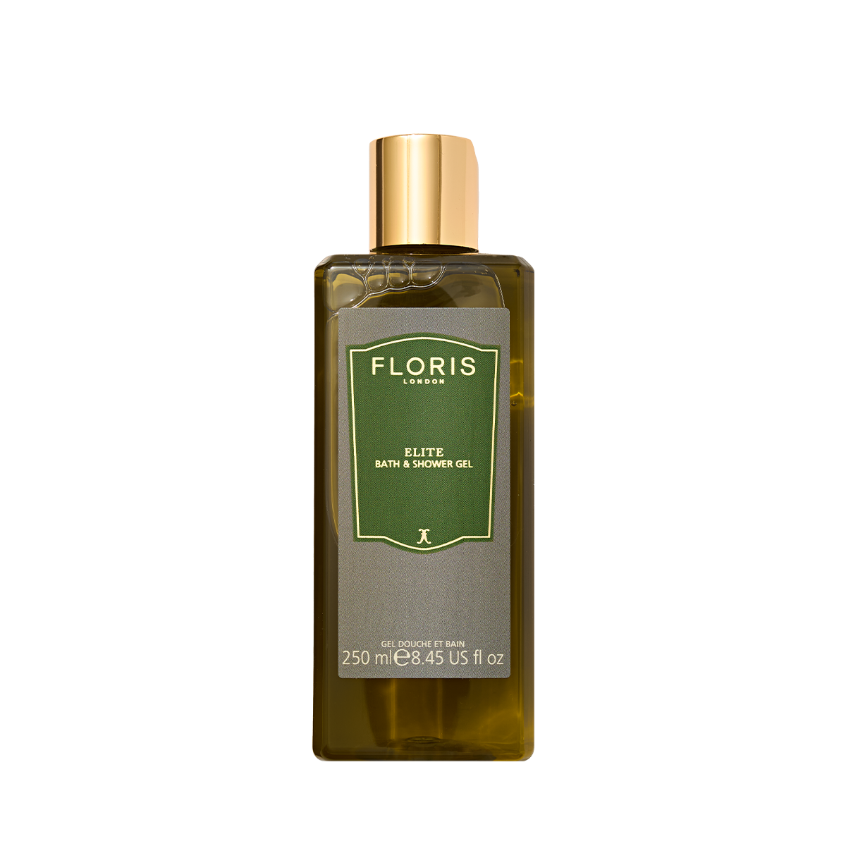 A 250ml bottle of Floris London Elite Moisturising Bath & Shower Gel with a gold cap, featuring woody notes for a refined bathing experience.