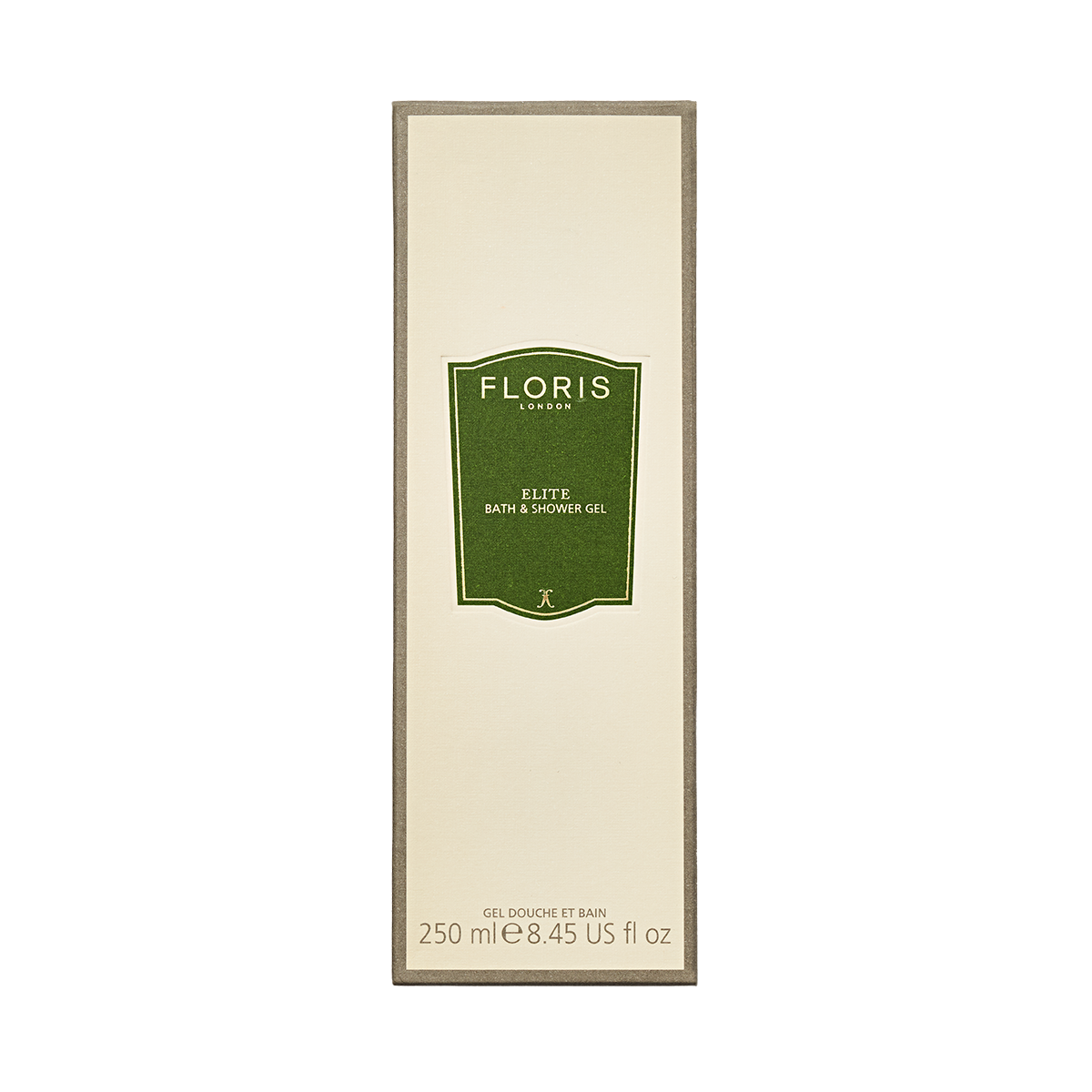 A 250 ml bottle of Floris London Elite - Moisturising Bath & Shower Gel features woody notes and comes with a green label on a cream background.